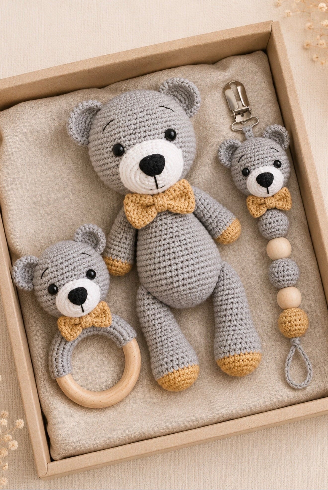 TRIO AMIGURUMI+SONAJERO+PORTACHUPO TEJIDO CROCHET - OSITO